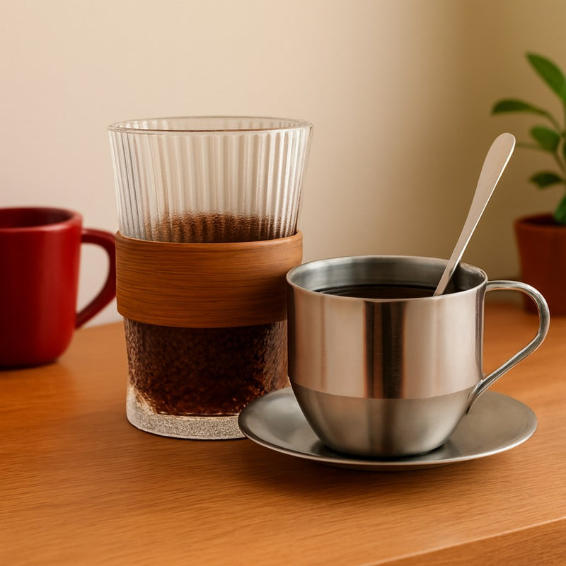 Tazas y vasos con café