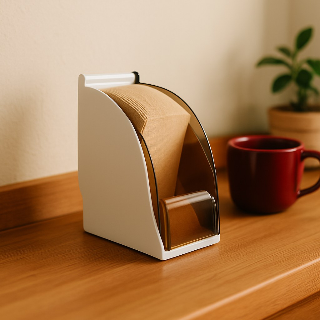 Organizador para filtros de papel sobre una mesa de madera