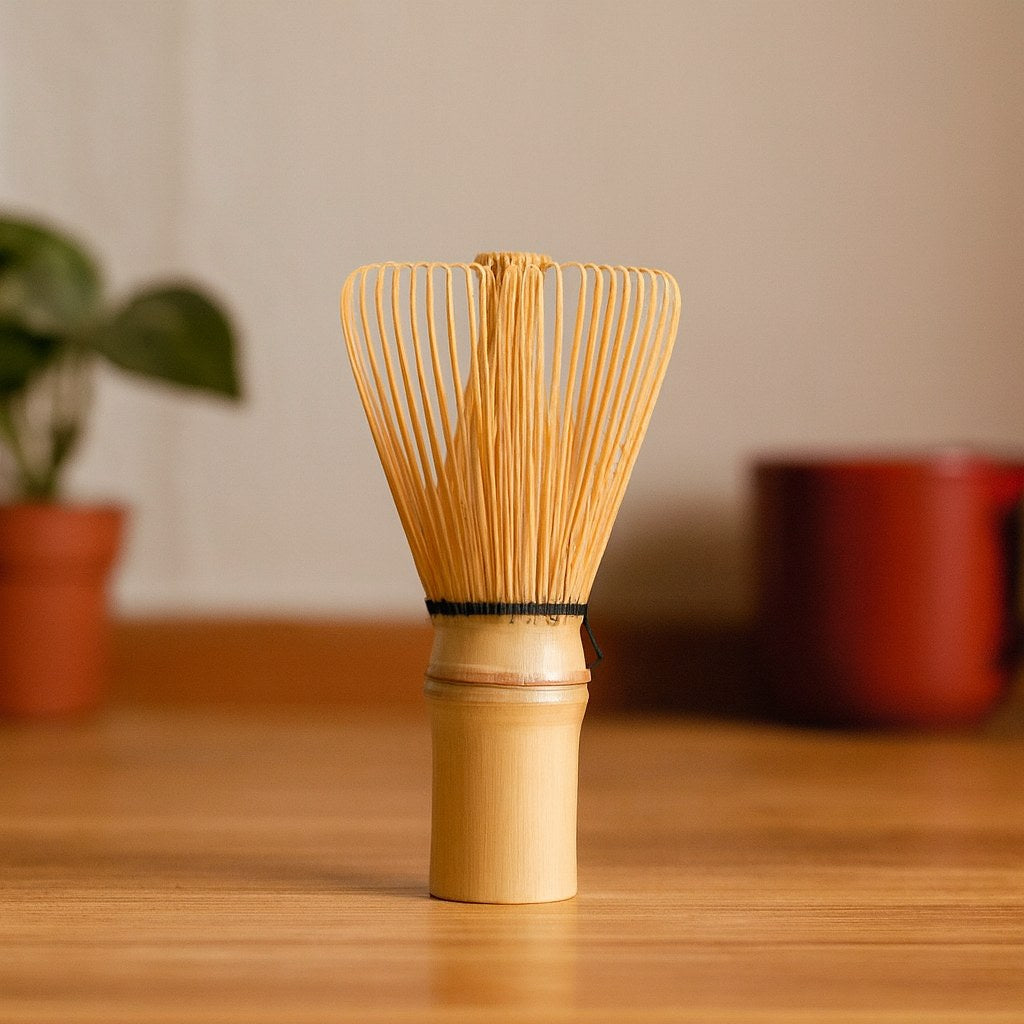 Batidor de bambú para matcha sobre una mesa de madera