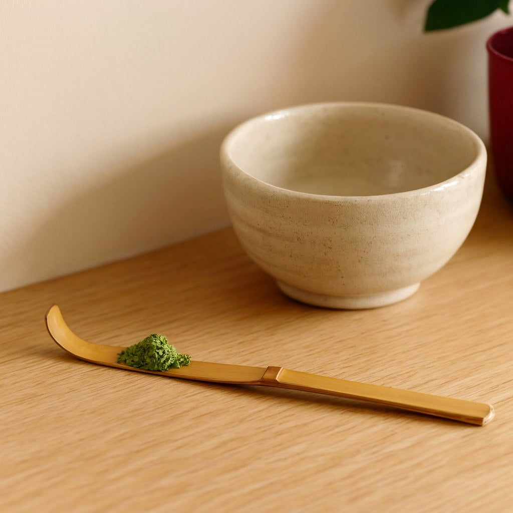 Cucharilla de bambú para matcha sobre una mesa de madera