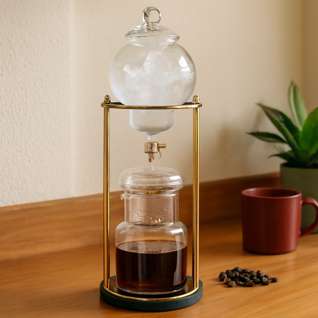 Torre cold drip sobre una mesa de madera