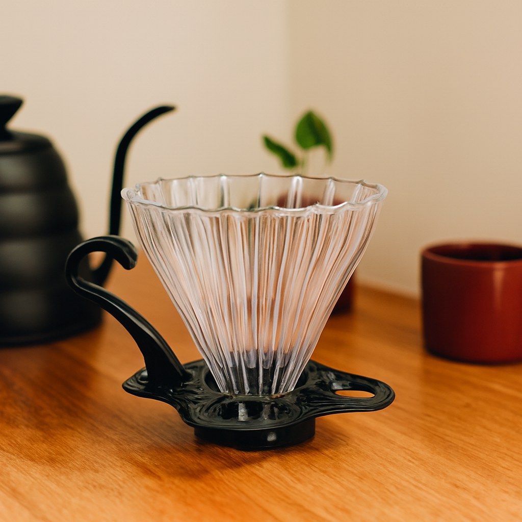 Dripper de vidrio con base sobre una mesa de madera