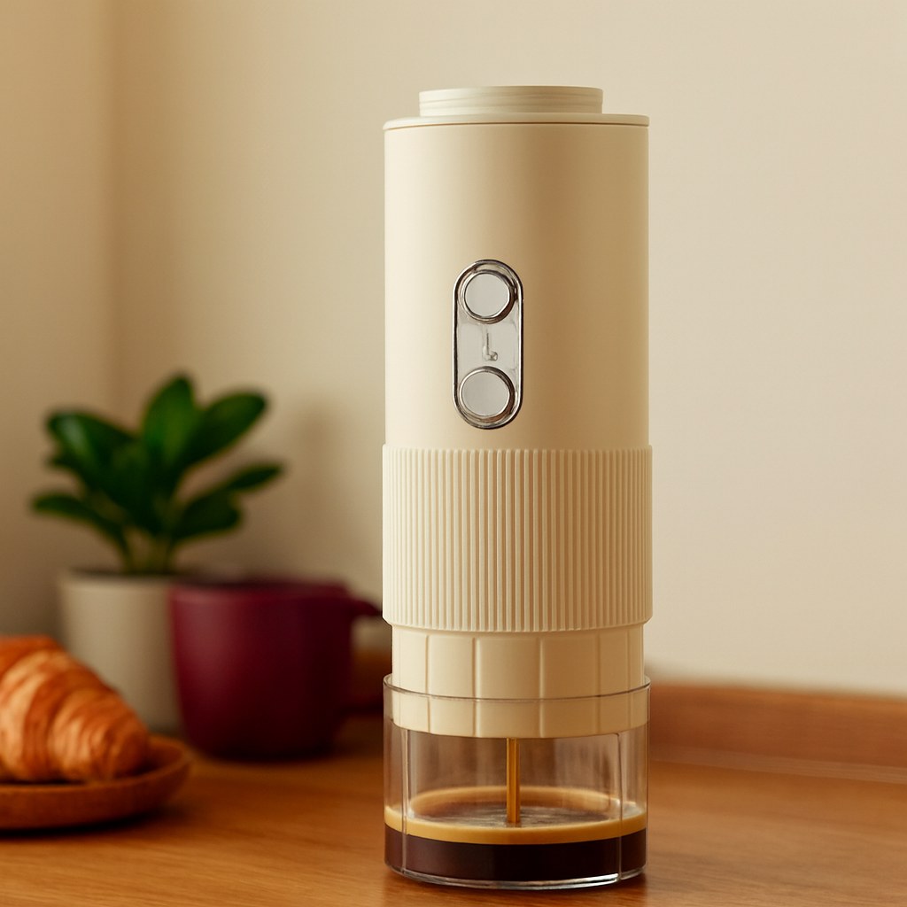 Cafetera eléctrica portátil 2 en 1 sobre una mesa de madera