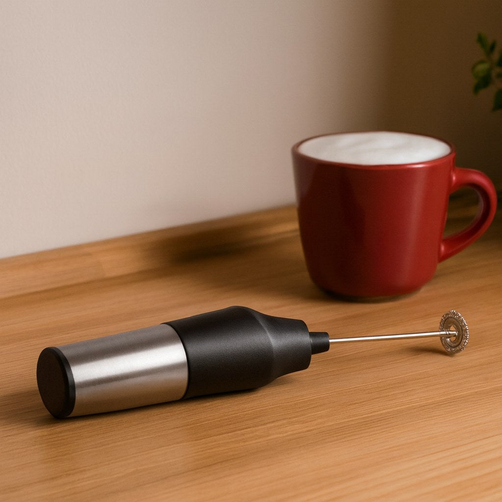 Espumador de leche eléctrico sobre una mesa de madera