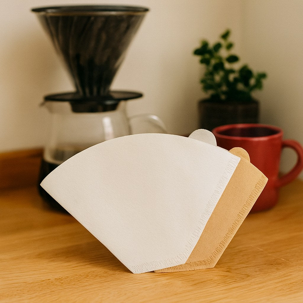 Filtros de papel cónicos sobre una mesa de madera