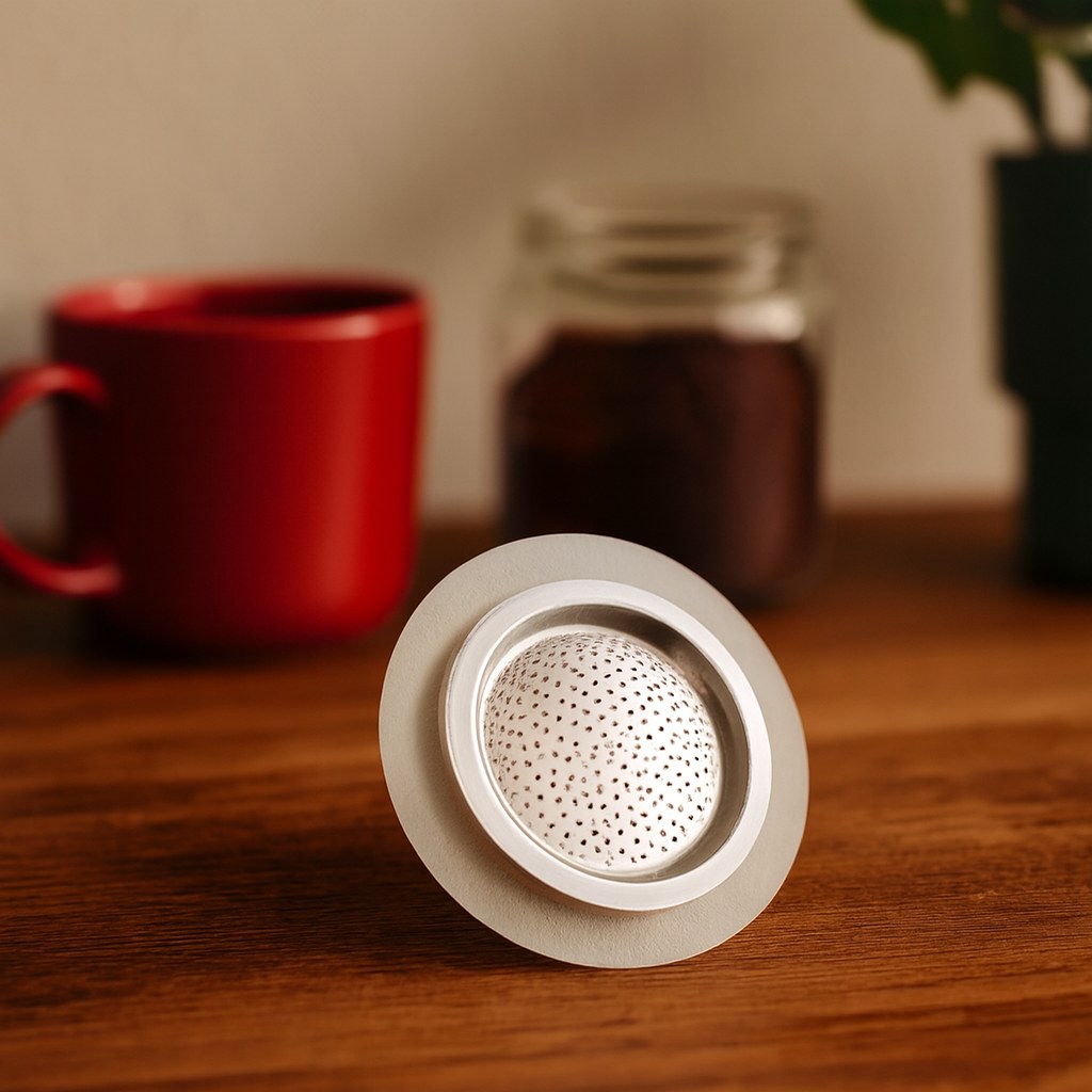 Repuesto de filtro y empaque para moka sobre una mesa de madera
