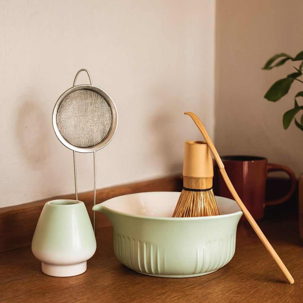 Set de matcha 4 piezas sobre una mesa de madera