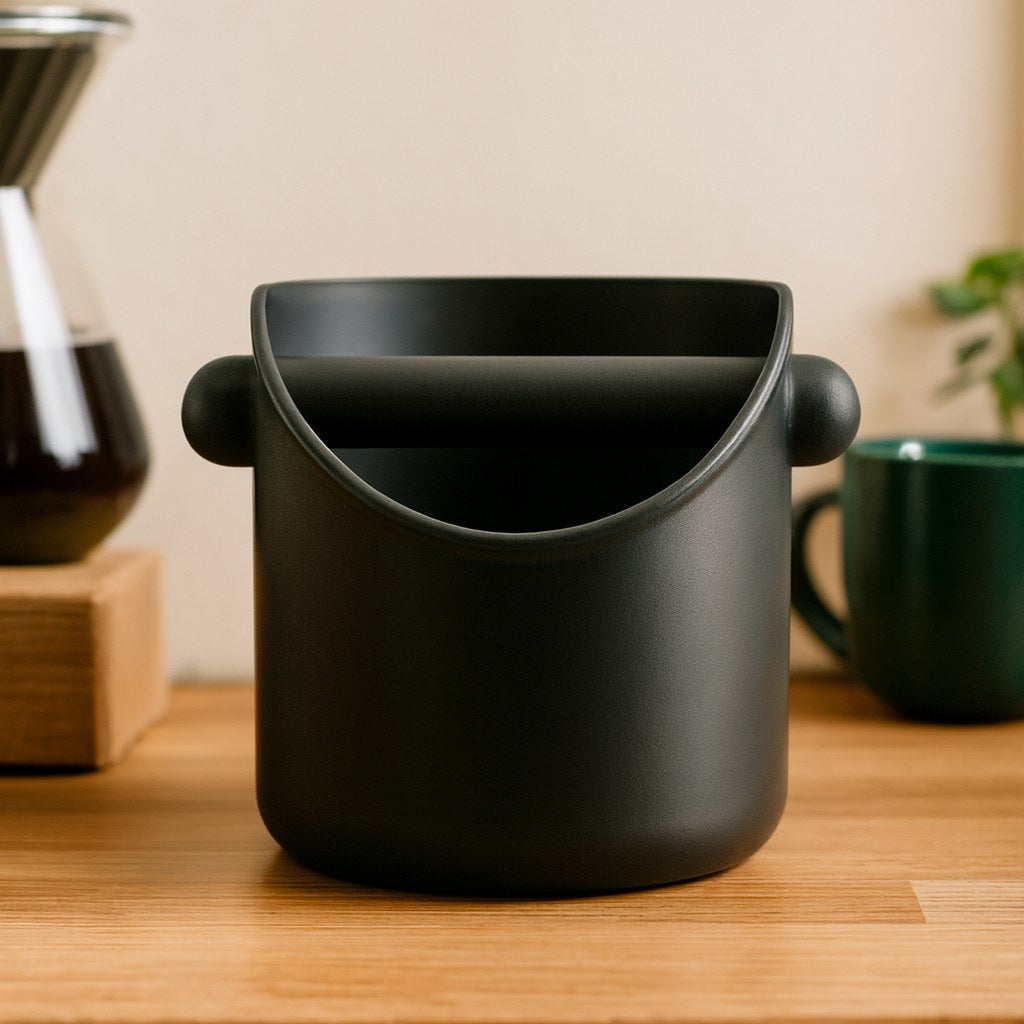Knock box para borra de café sobre una mesa de madera