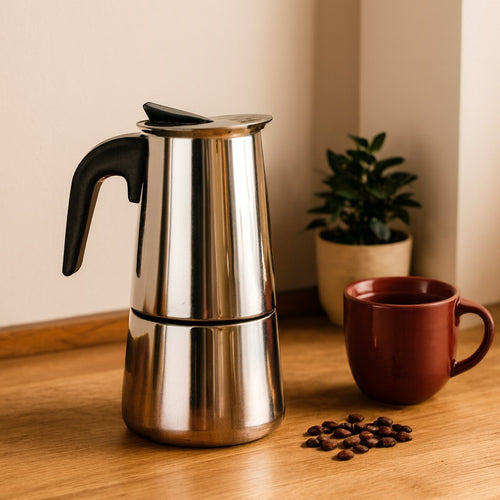 Cafetera moka de acero inoxidable sobre una mesa de madera