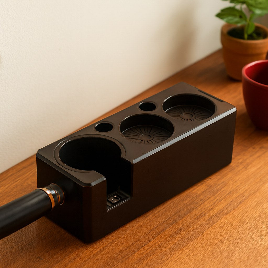 Organizador barista sobre una mesa de madera