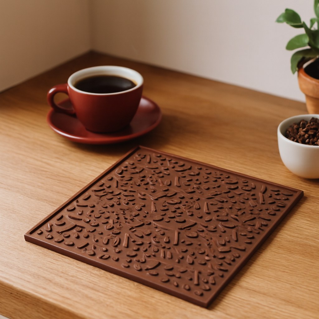 Tapete barista con diseño de granos sobre una mesa de madera
