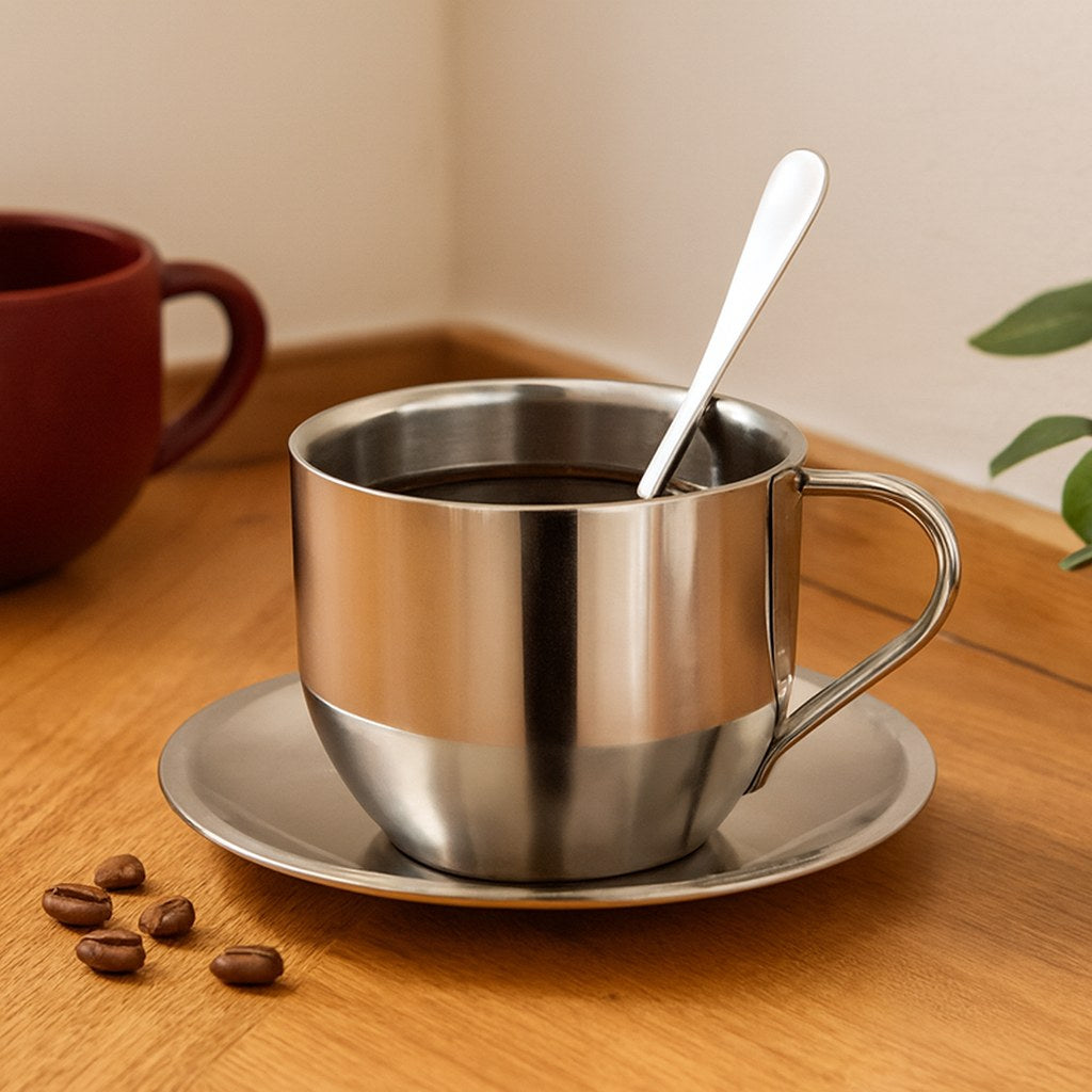 Taza y plato de acero sobre una mesa de madera