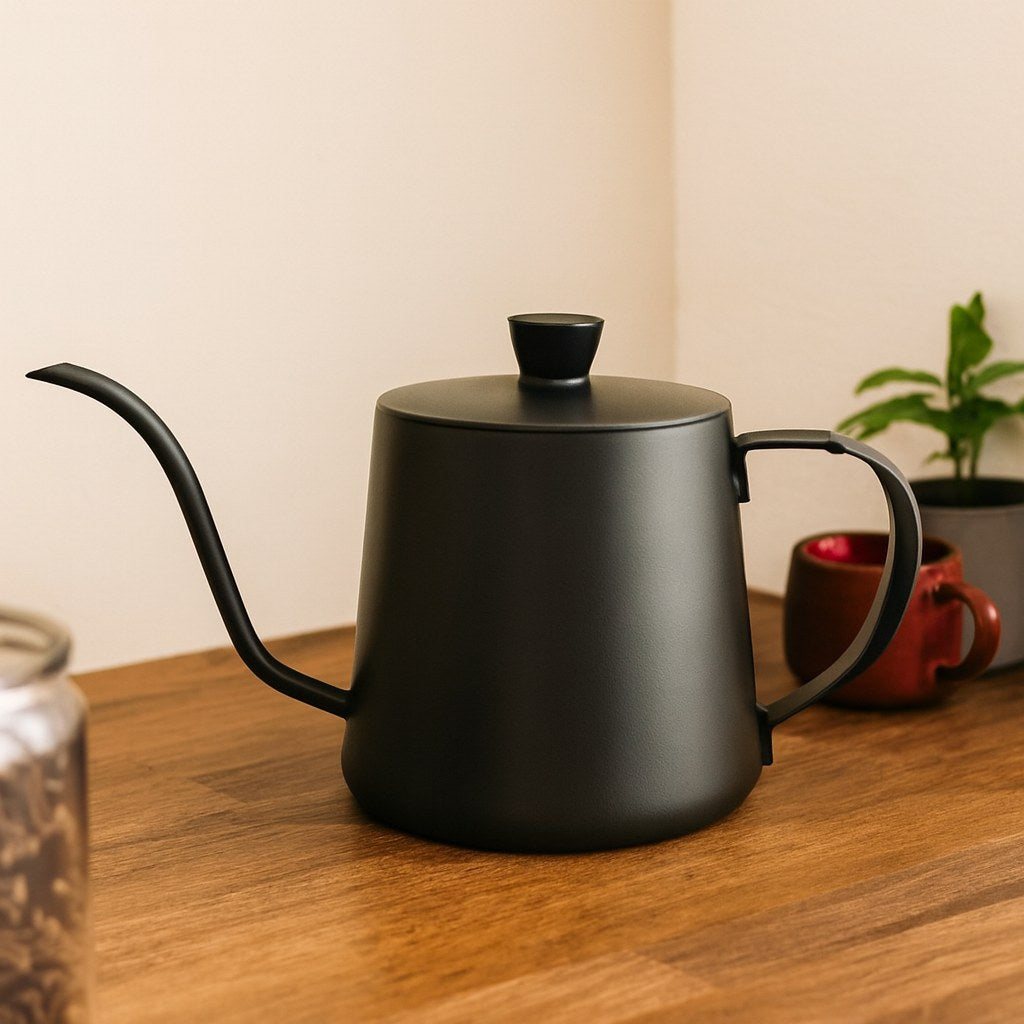 Tetera cuello de ganso negra con tapa sobre una mesa de madera