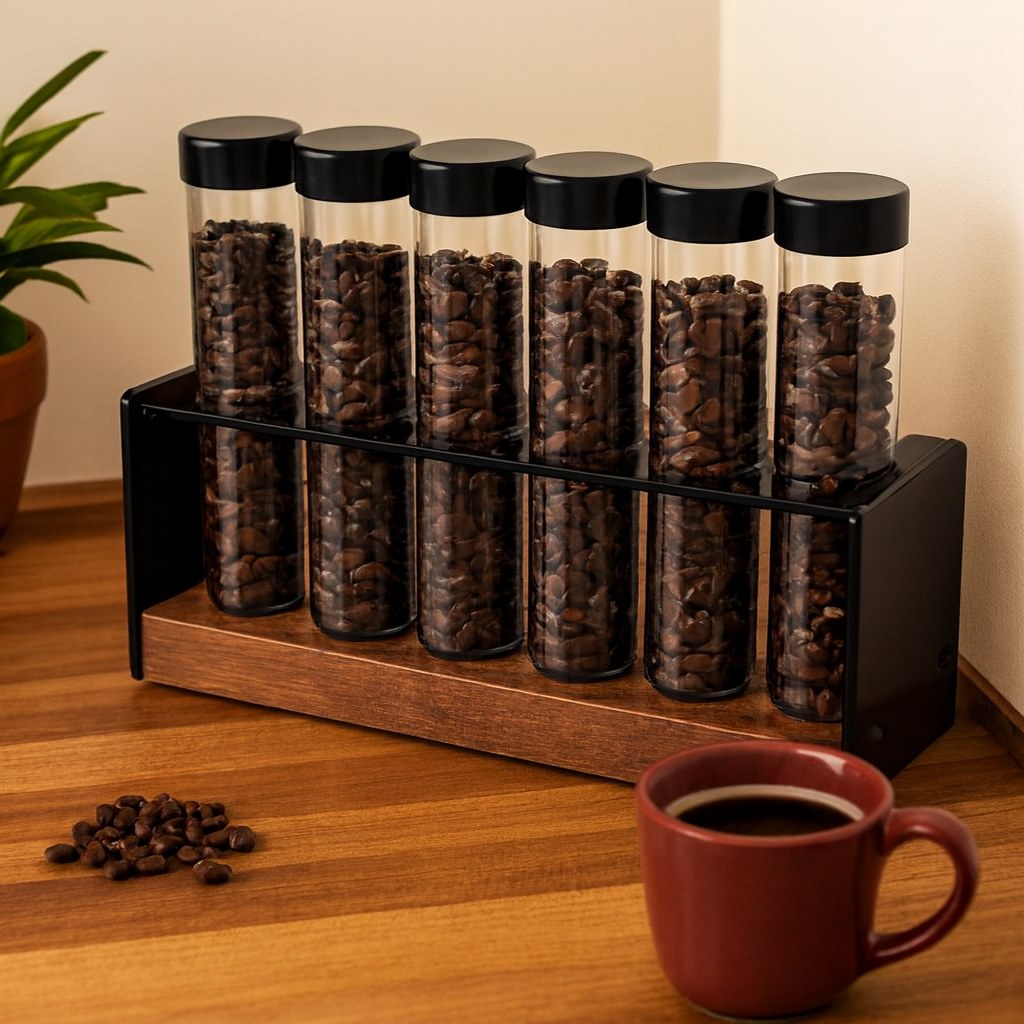 Organizador de tubos para granos de café sobre una mesa de madera