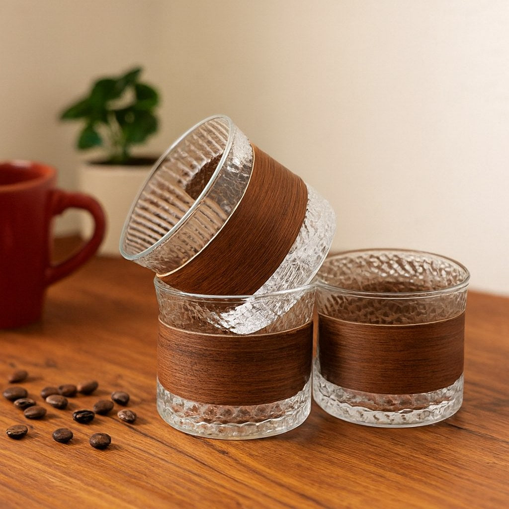 Vaso de vidrio con banda de madera · Modelo 2 83145