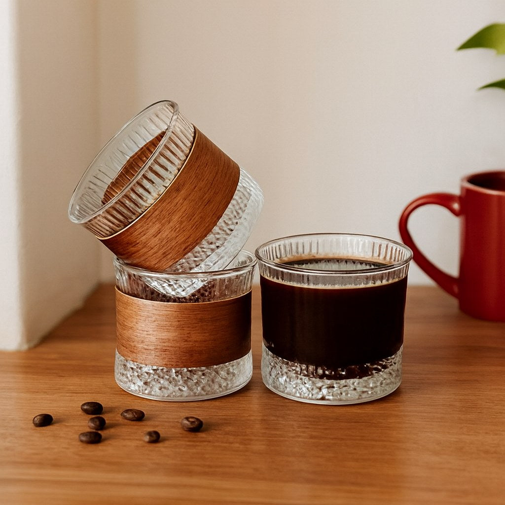 Vaso de vidrio con banda de madera · Modelo 3 83146