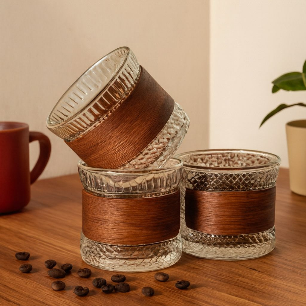 Vaso de vidrio con banda de madera sobre una mesa de madera